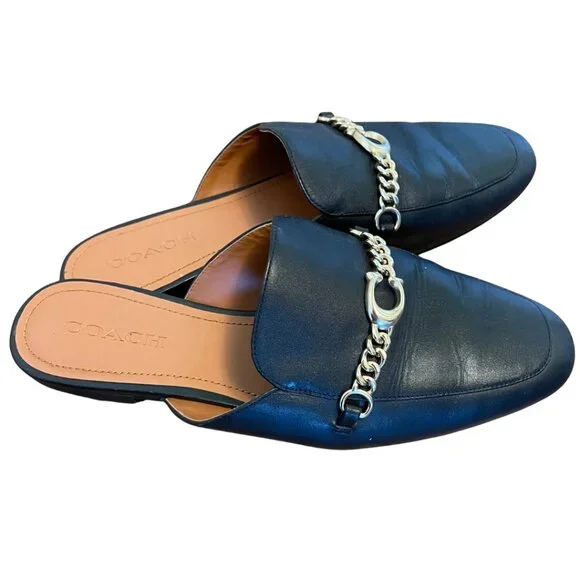 Coach Leather Chain Mules Slip-On Loafers Black Leather Size 9 - Picture 2 of 5